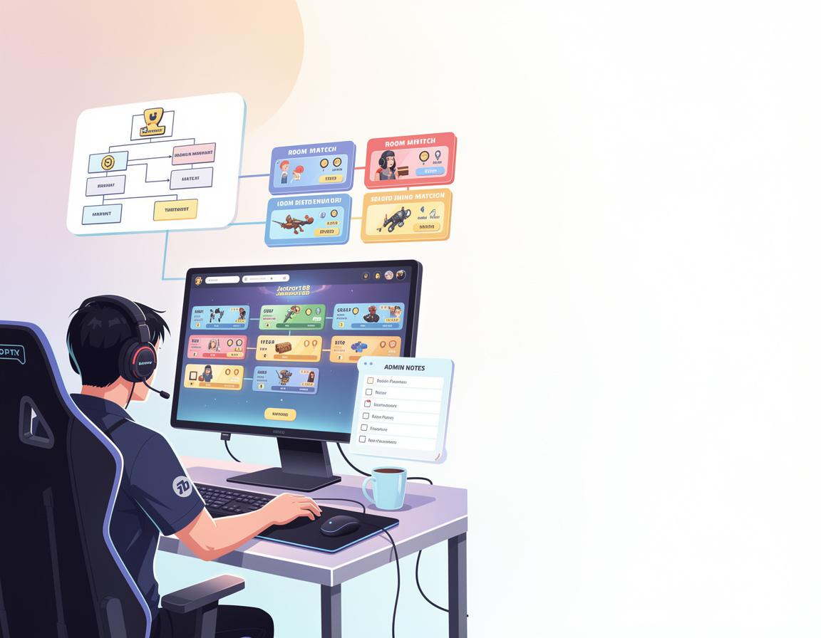 Ilustrasi cara daftar turnamen game online jackpot188 untuk turnamen game online jackpot188 dengan bracket, room match, dan catatan admin